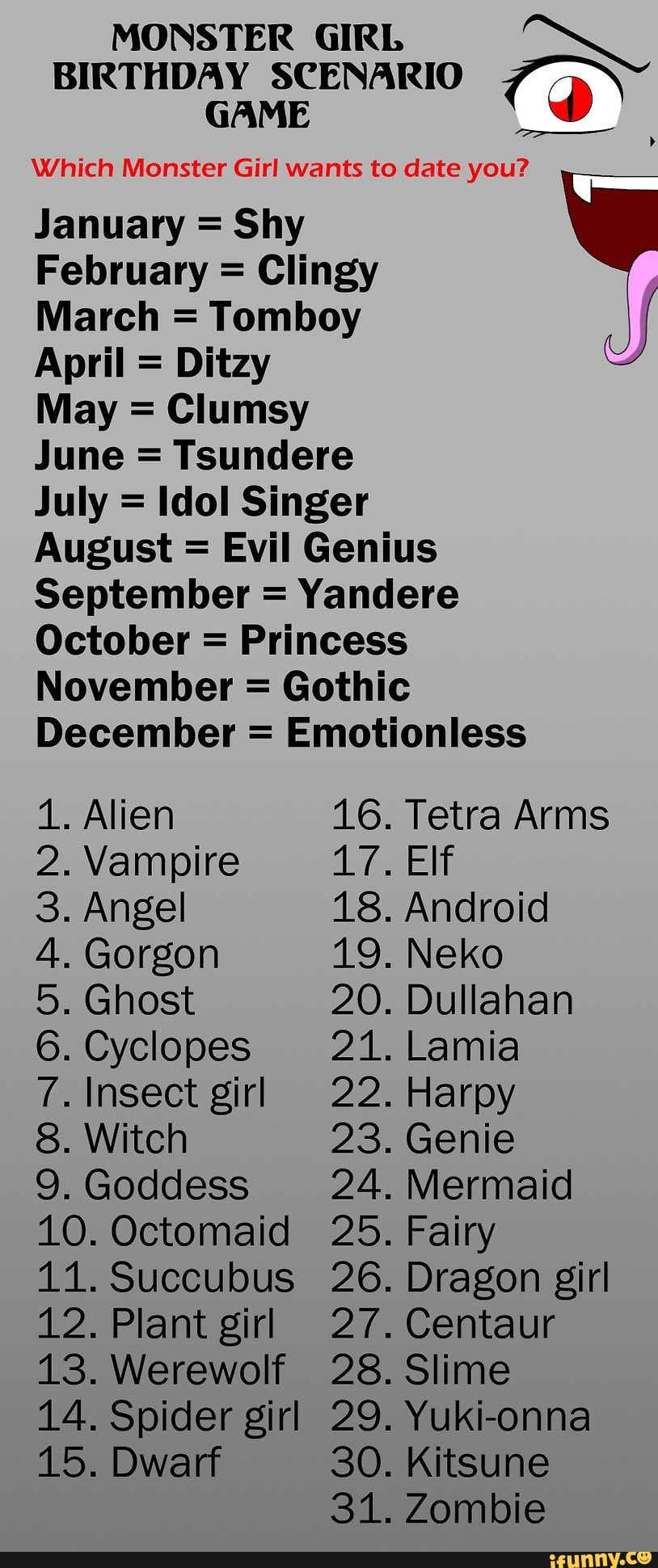 MONSTER GIRL BIRTHDAY SCENARIO GAME Which Monster Girl wants to date you?  January = Shy February = Clingy