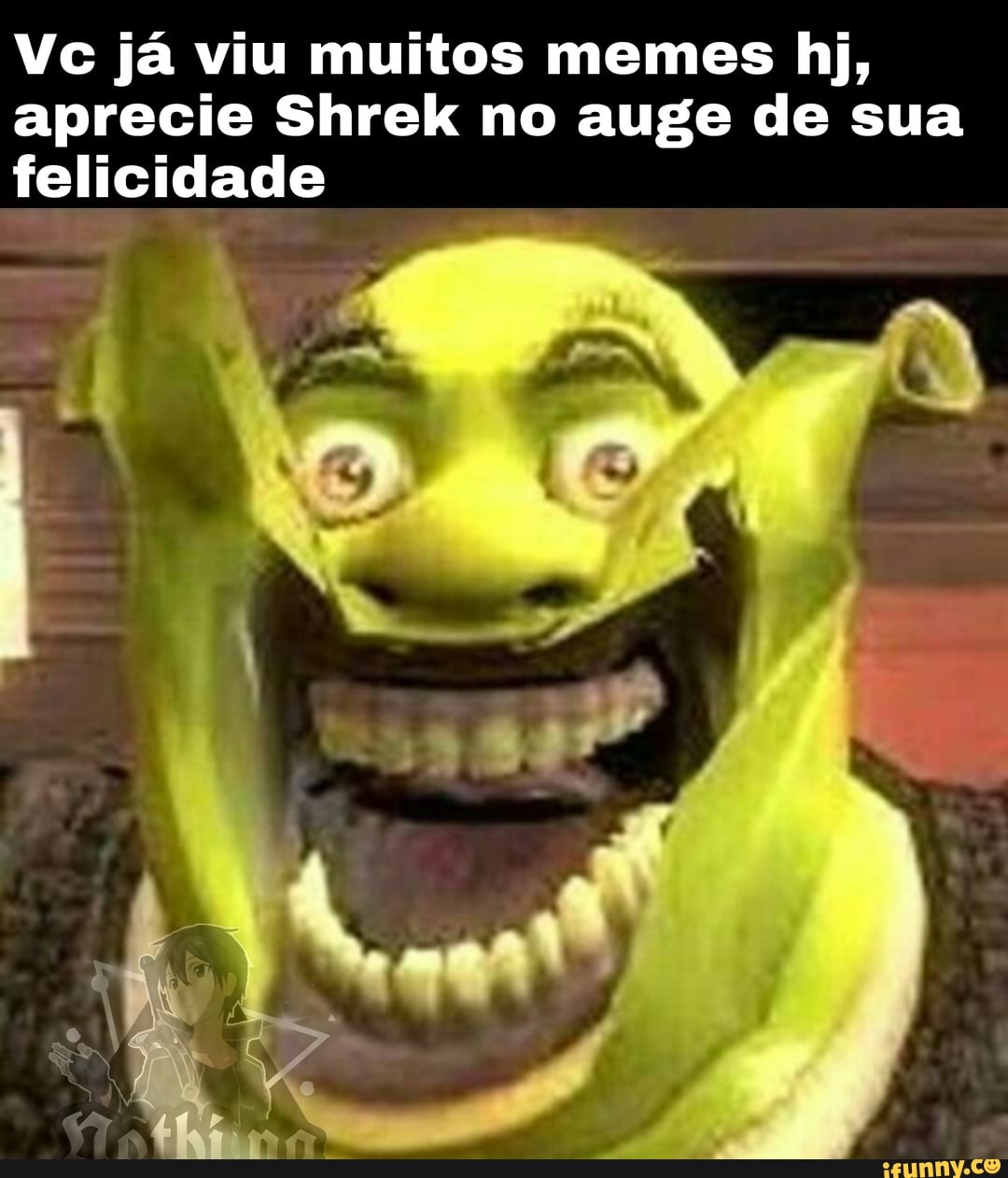 Vc já viu muitos memes hj, aprecie Shrek no auge de sua felicidade
