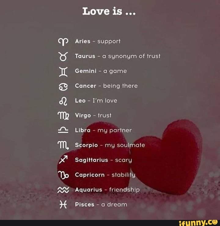 Love is Aries support Taurus a synonym of trust Gemini a