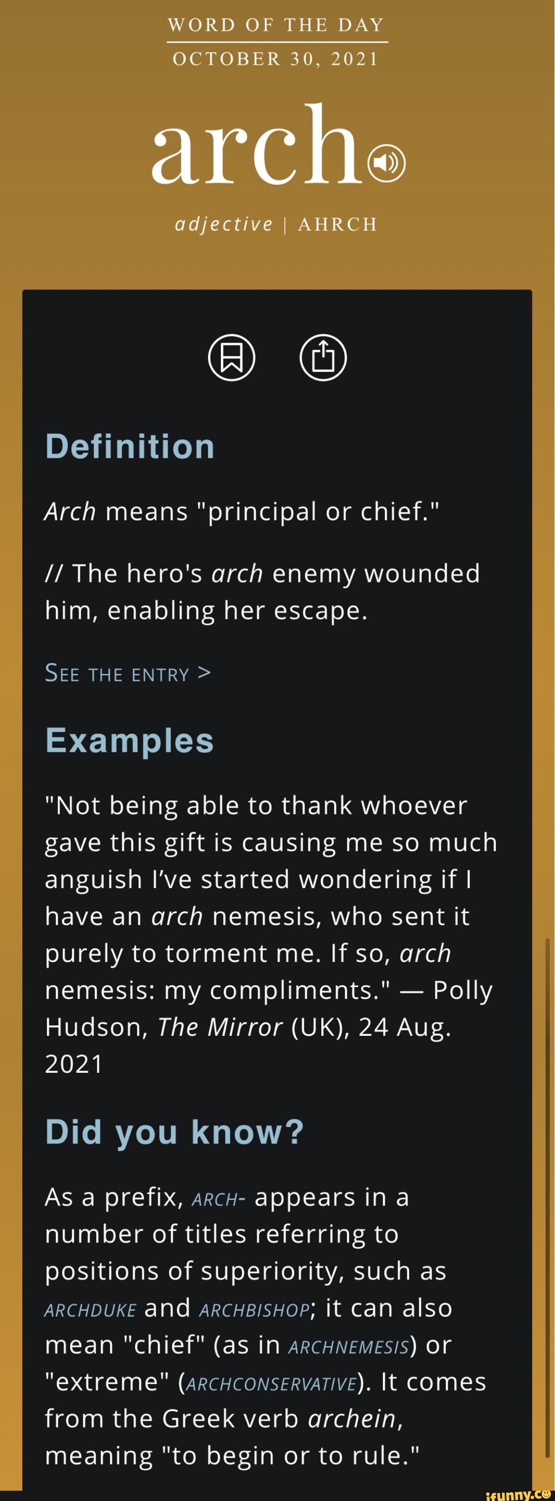 WORD OF THE DAY OGTOBER arche adjective I AHRCH Definition Arch