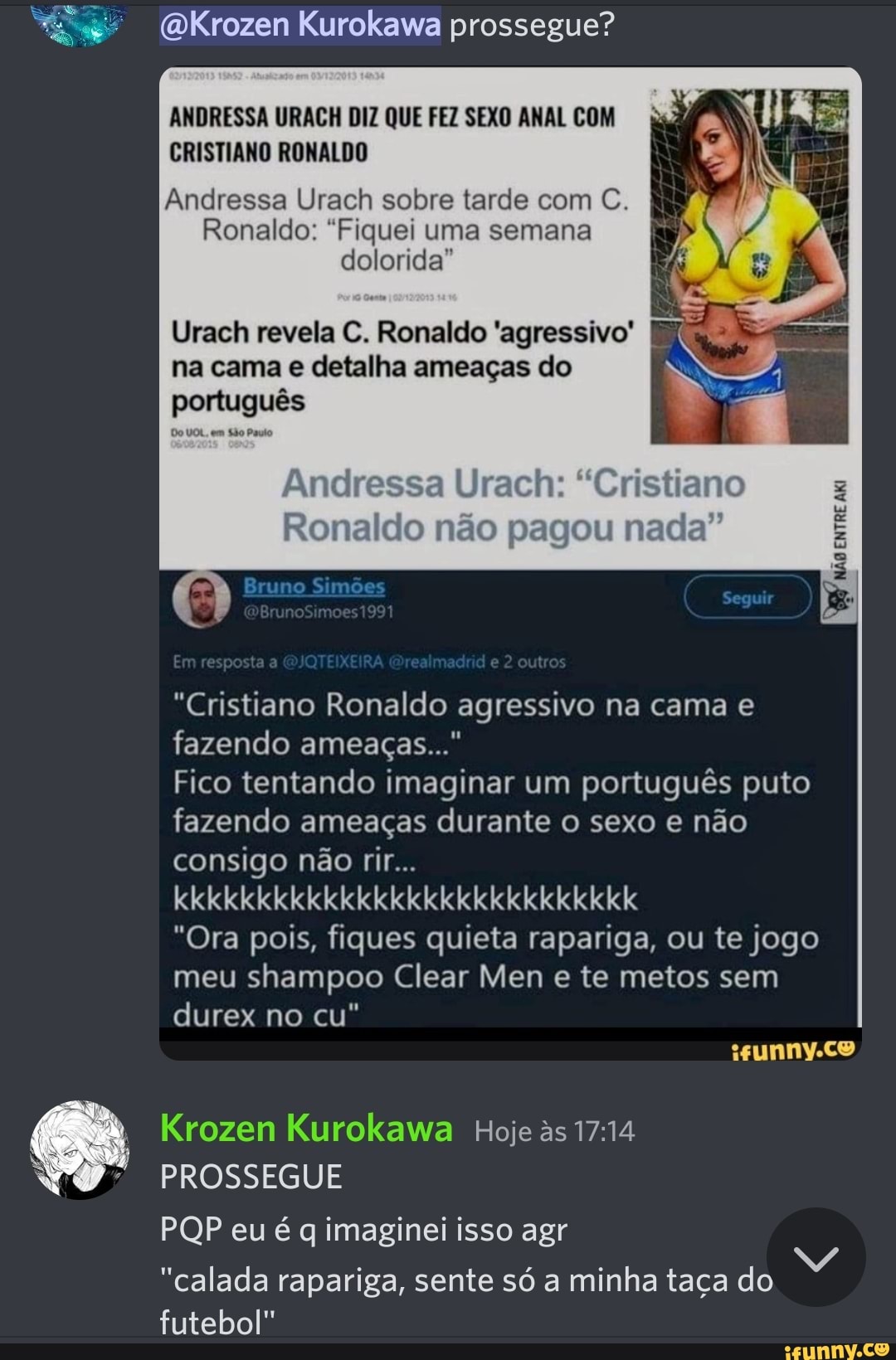 QKrozen Kurokawa prossegue? ANDRESSA URACH DIZ QUE FEZ SEXO ANAL COM  CRISTIANO RONALDO Andressa Urach sobre