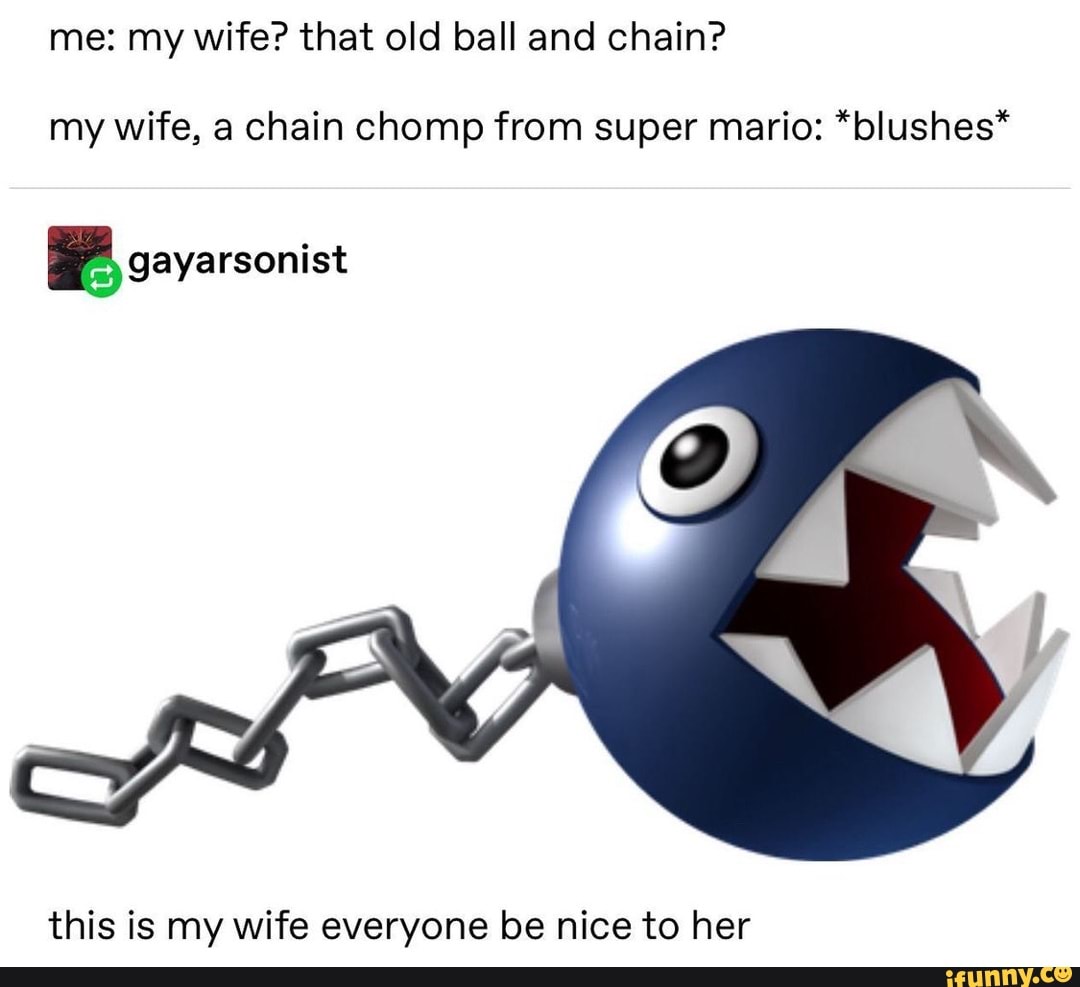 Me: my wife? that old ball and chain? gayarsonist my wife, a chain chomp  from super mario: *blushes* this is my wife everyone be nice to her -  iFunny Brazil