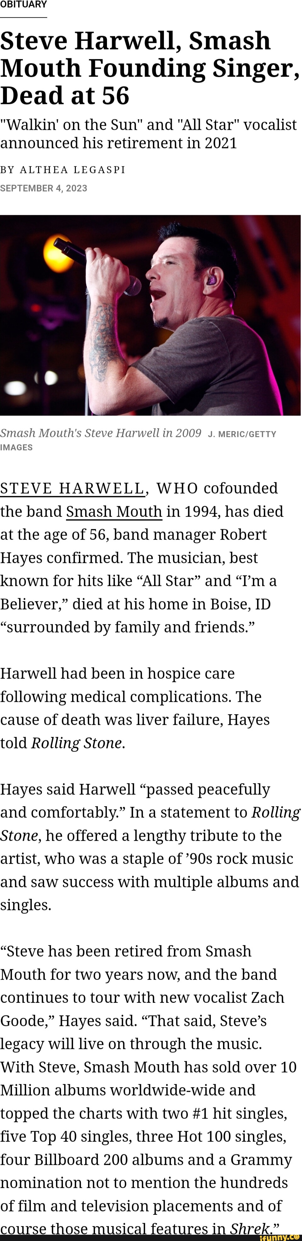 Steve Harwell: The Smash Mouth frontman known for 'All Star' and 'Walkin'  on the Sun