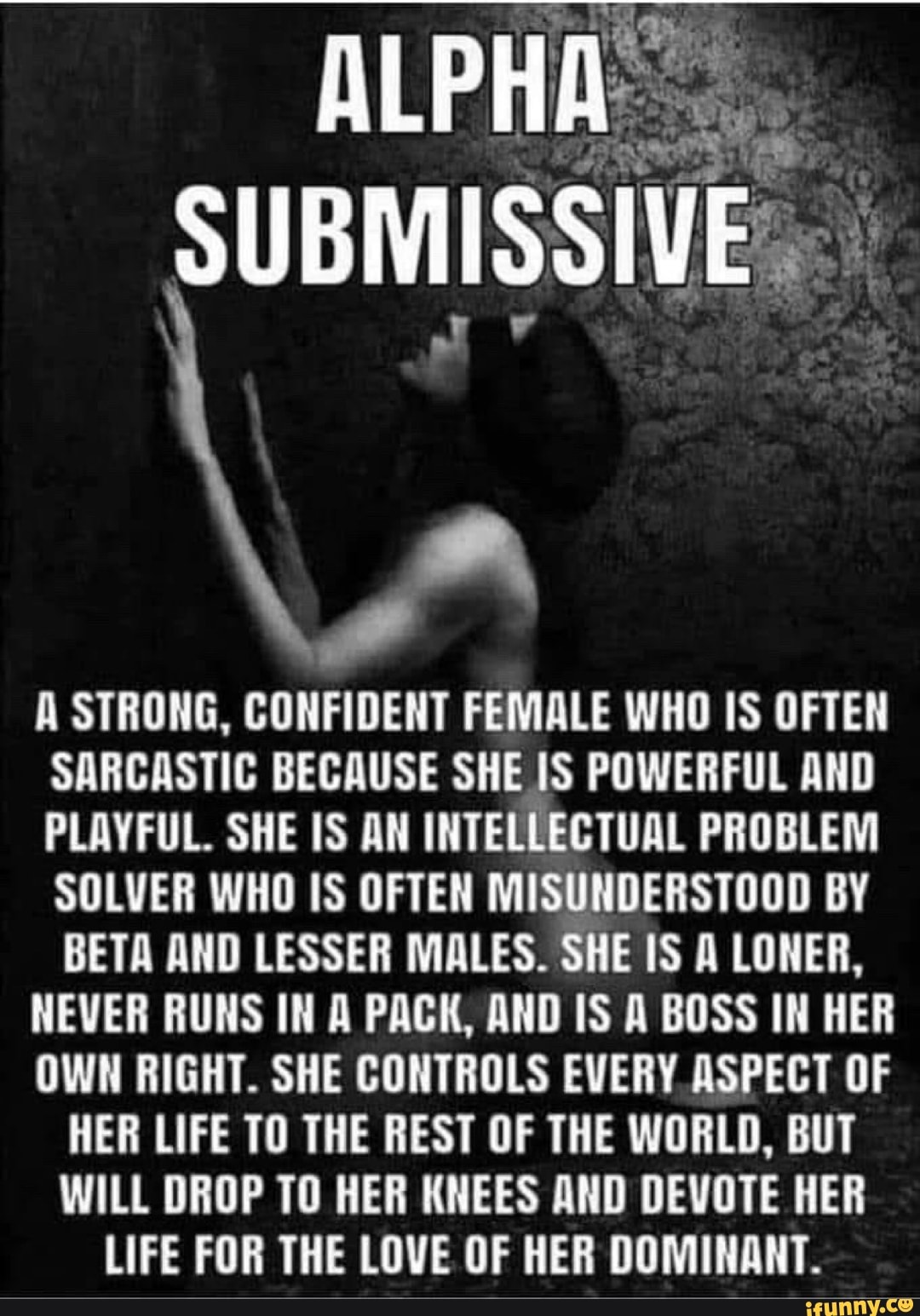 ALPHA. . SUBMISSIVE A STRONG, CONFIDENT FEMALE WHO IS OFTEN SARCASTIC  BECAUSE SHE IS POWERFUL AND PLAYFUL.