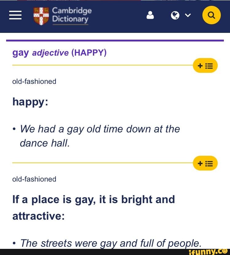 Cambridge Dictionary gay adjective (HAPPY) oldfashioned happy We had