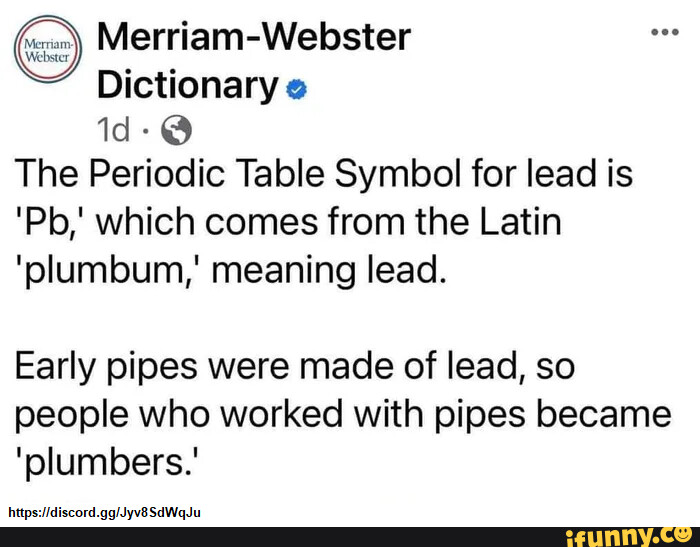 Merriamster Dictionary The Periodic Table Symbol for lead is 'Pb
