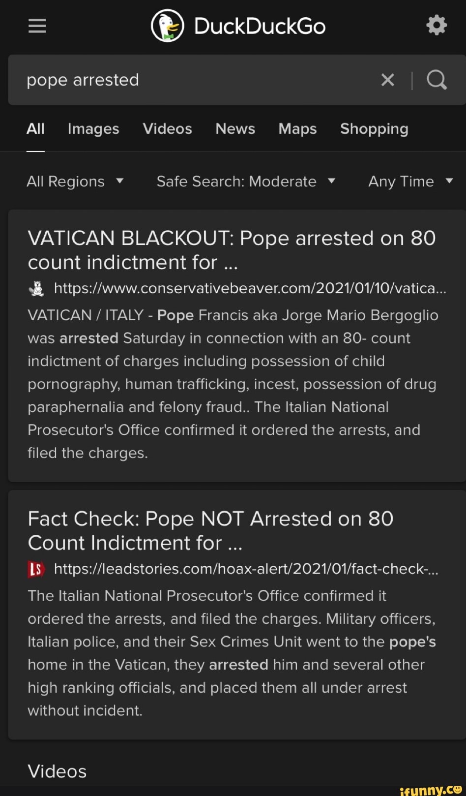 DuckDuckGo pope arrested All Images Videos News Maps_ Shopping All Regions  Safe Search: Moderate Any Time