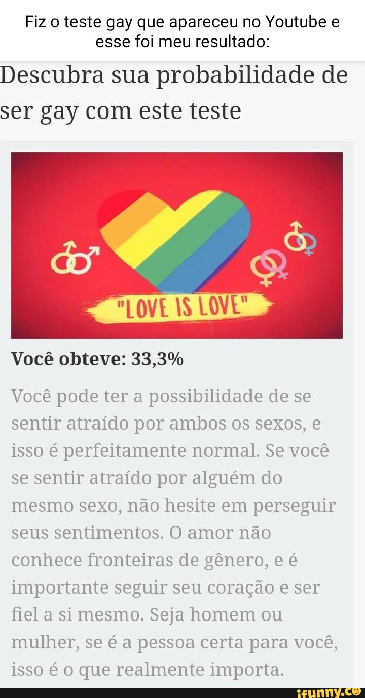 Fiz o teste gay que apareceu no Youtube e esse foi meu resultado: Descubra  sua probabilidade