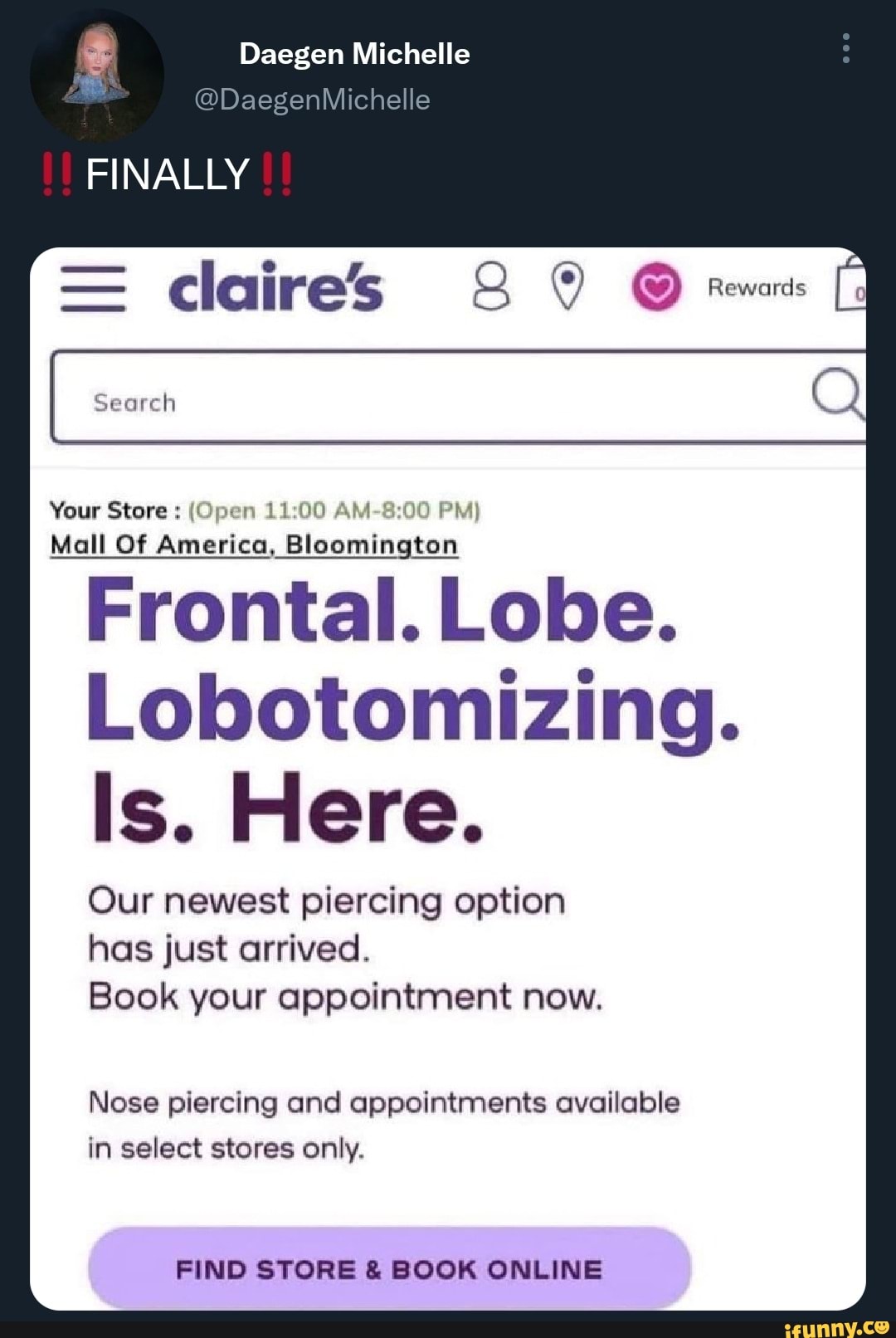 claire's Your Store Mall Of America. Blaomington Frontal. Lobe