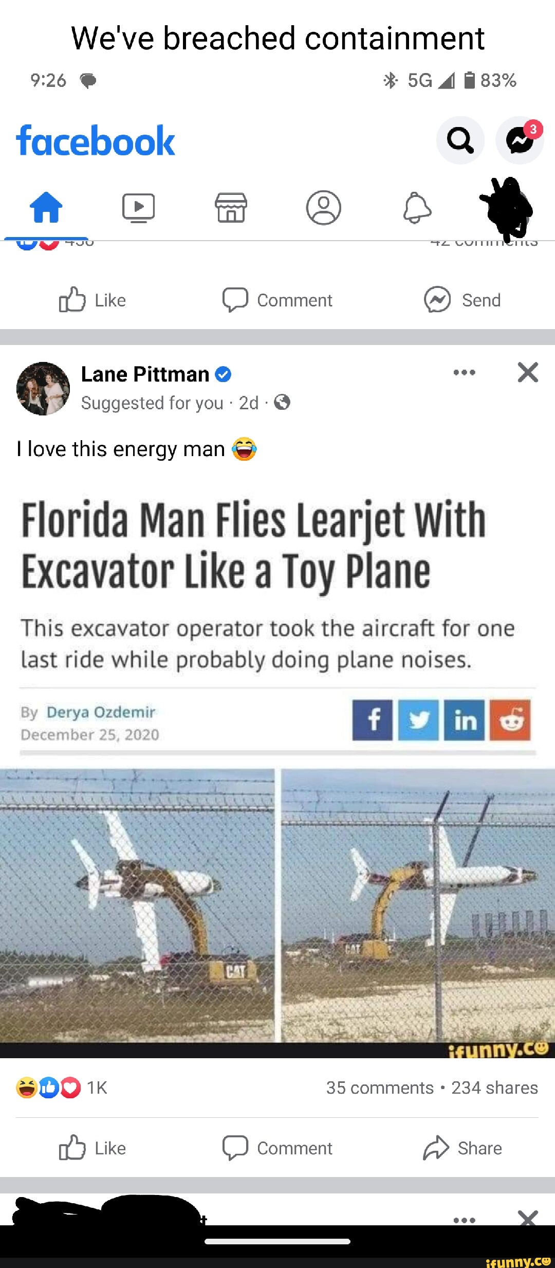 Florida Man Flies Learjet With Excavator Like a Toy Plane This excavator  operator took the aircraft for one last ride while probably doing plane  noises. in By December 25 2020 - iFunny Brazil