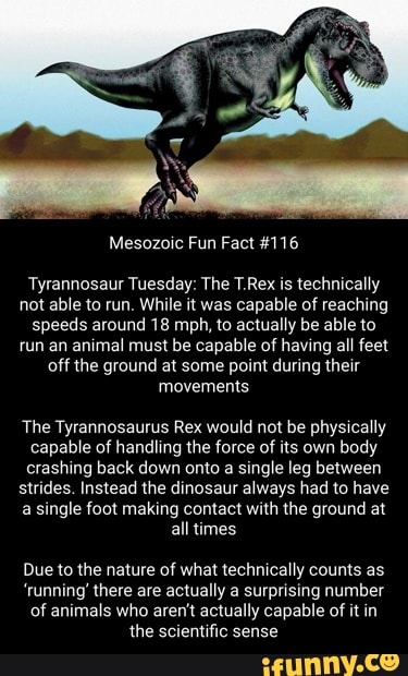 Mesozoic Fun Fact #116 Tyrannosaur Tuesday: The T.Rex is technically not  able to run. While