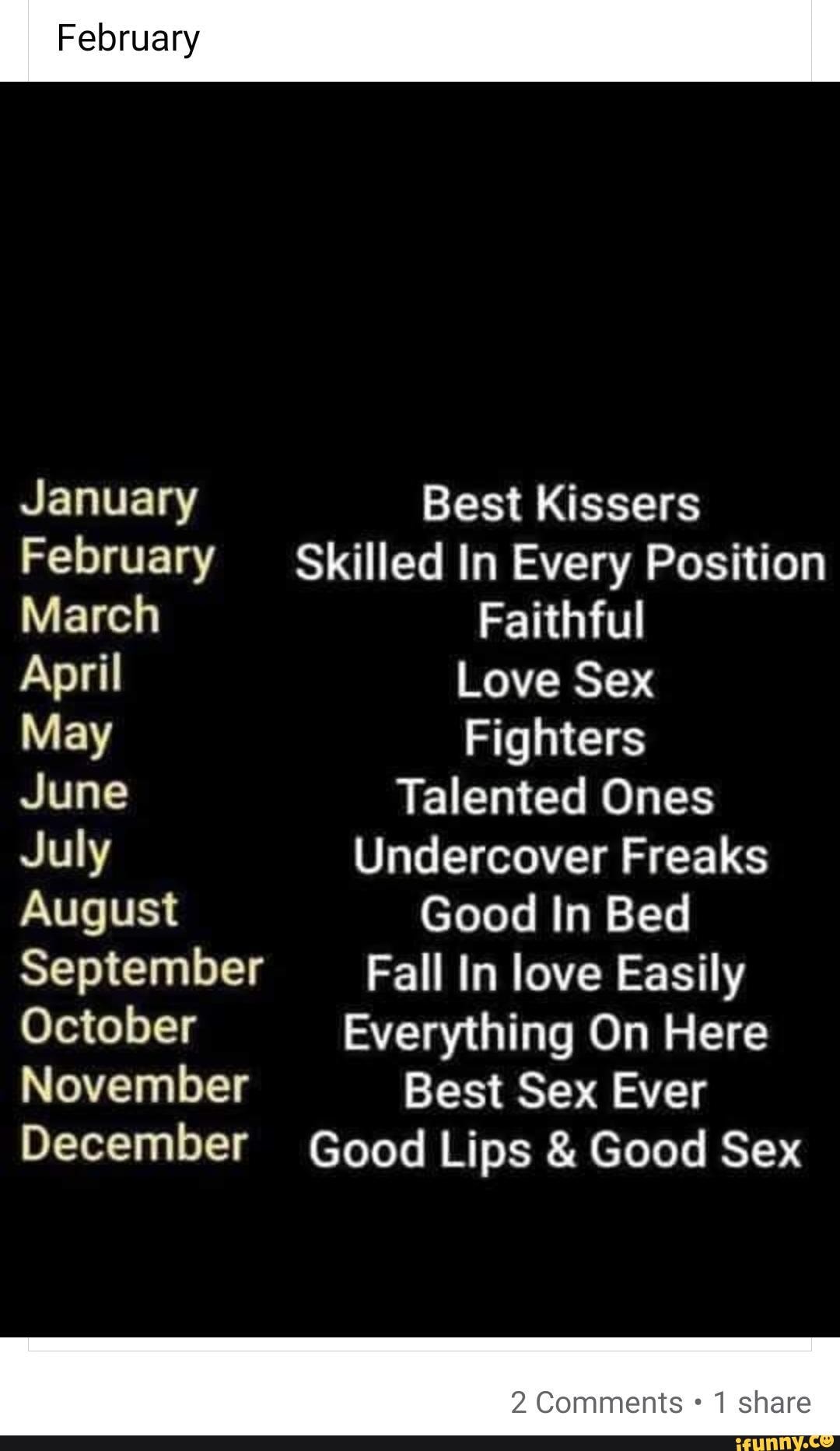 Feloruary January Best Kissers February Skilled In Every Position March  Faithful April Love Sex May Fighters