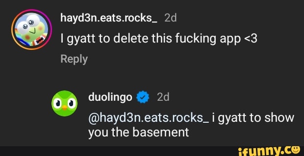 Rocks_ gyatt to delete this fucking app <3 Reply duolingo @bhayd3n