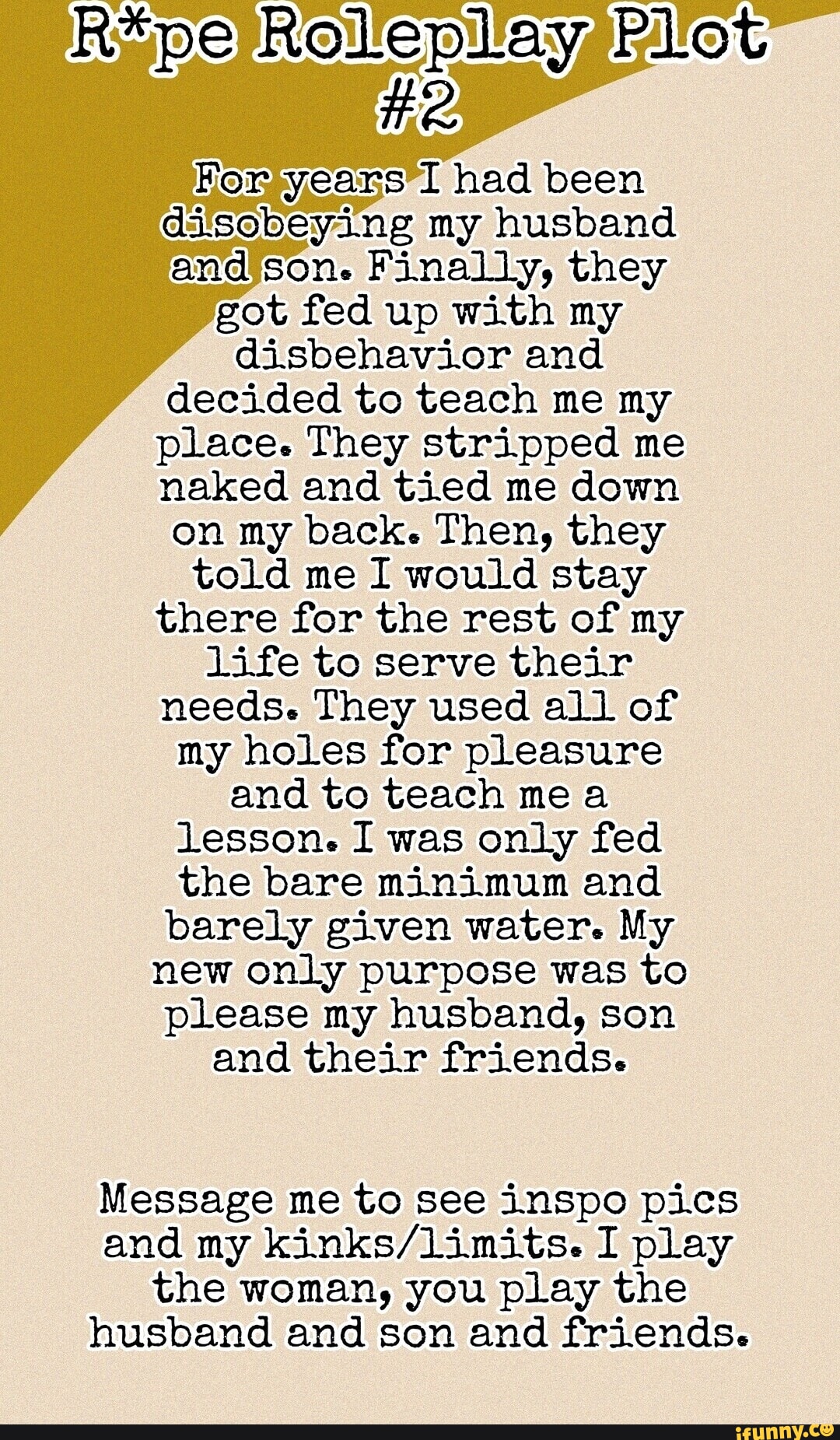 R*pe Rolleplay Pilot He Kor years had been disobeying my husband and son.  Finally,