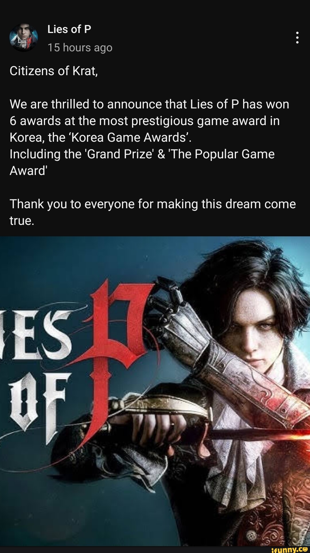 Lies of P wins Grand Prize at Korea Game Awards