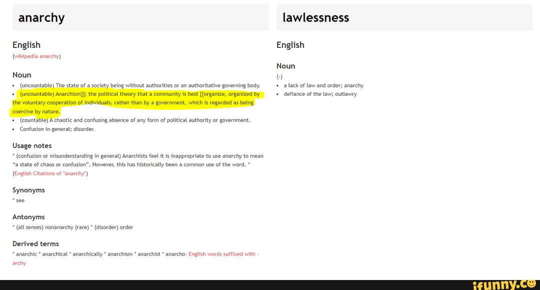 Anarchy Word Anarchy lawlessness English English (wikipedia anarchy) Noun Noun ...