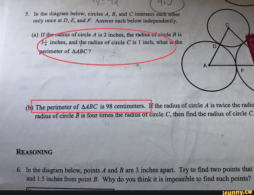 5. In the diagram below, circles A, B, and C intersect eactro ther only ...