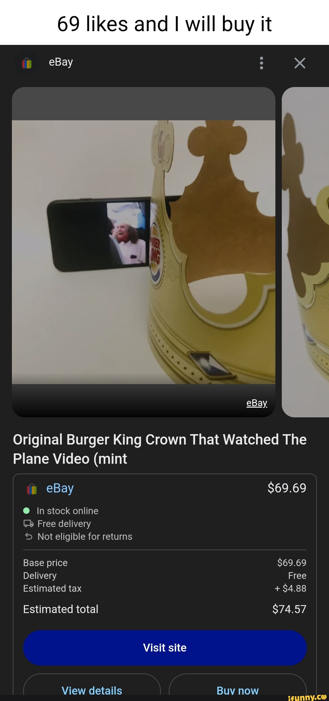 69 likes and I will buy it eBay x eBay $69.69 Original Burger King Crown  That