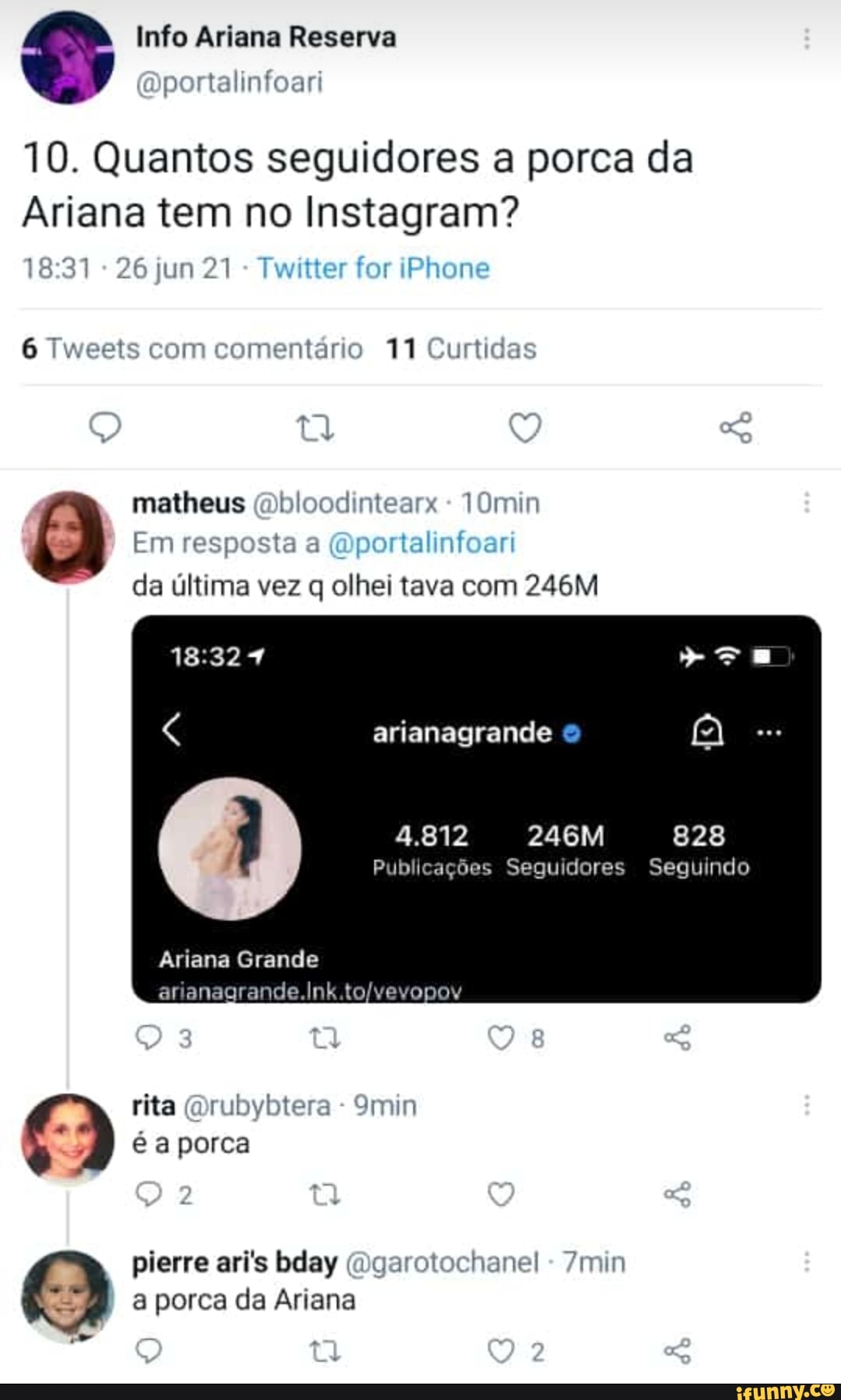 Ariana Reserva 10. Quantos seguidores a porca da Ariana tem no Instagram?  26 jun 21 - Twitter