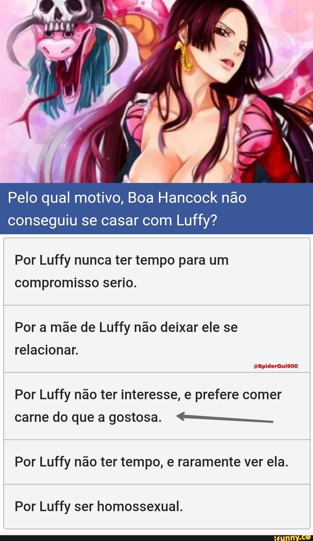 Pelo qual motivo, Boa Hancock não conseguiu se casar com Luffy? Por Luffy  nunca ter tempo