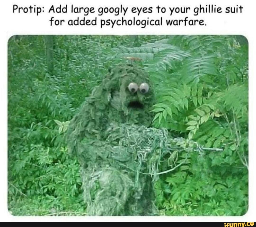 Protip: Add large googly eyes to your ghillie suit for added