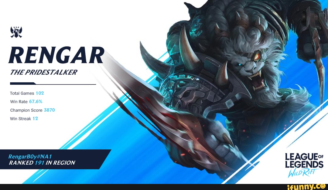 AMA) Just hit Master as well as Top 200 Rengar NA! :D - RENGAR THE  PRIDESTALKER Total Games 102 Win Rate Champion Score 3870 Win Streak 12  LEAGUE RANKED 191 IN REGION LEGENDS - iFunny Brazil