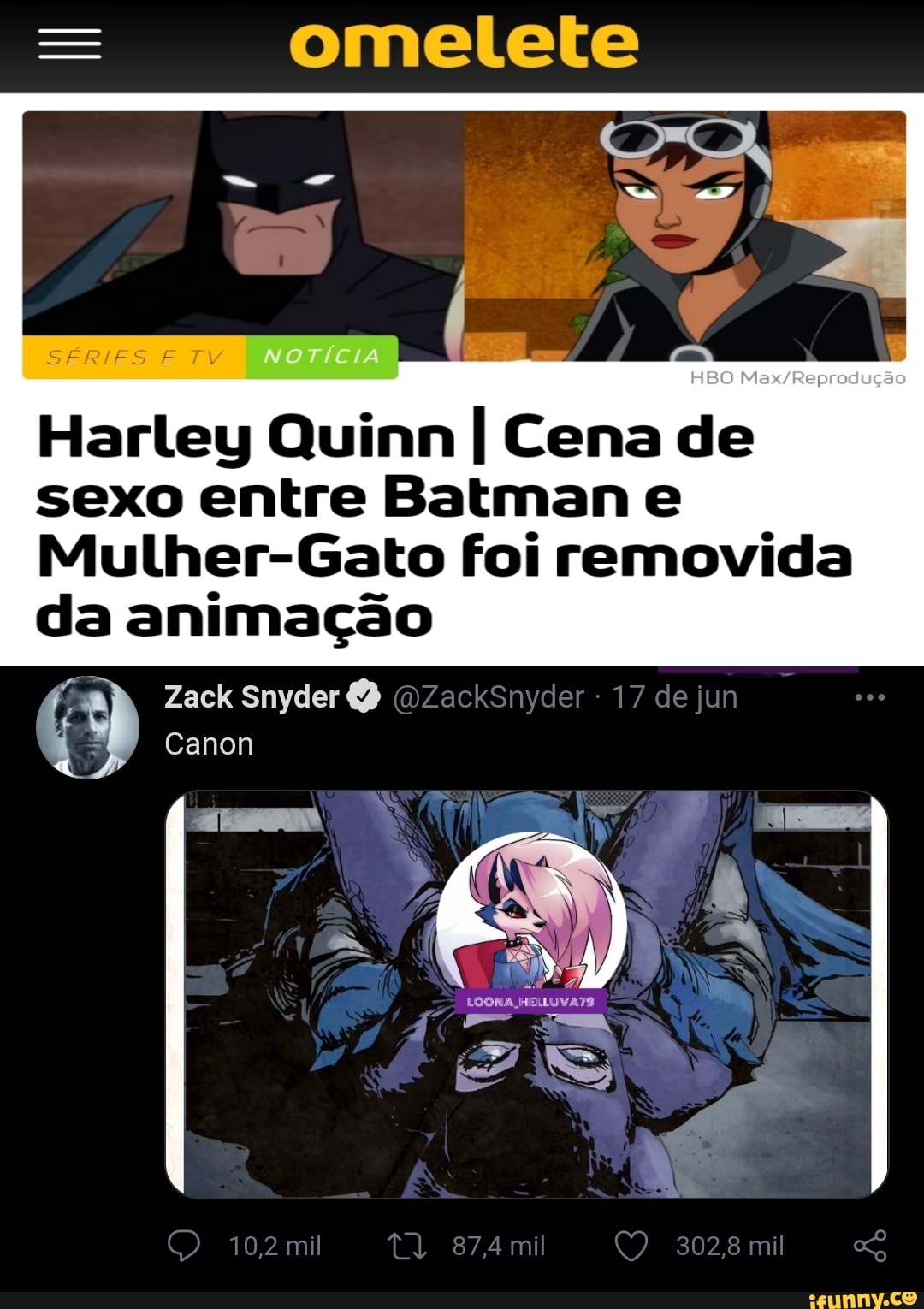 omelete SERES HBO Harley Quinn I Cena de sexo entre Batman e Mulher-Gato  foi removida da animação Zack Snyder Canon - iFunny Brazil