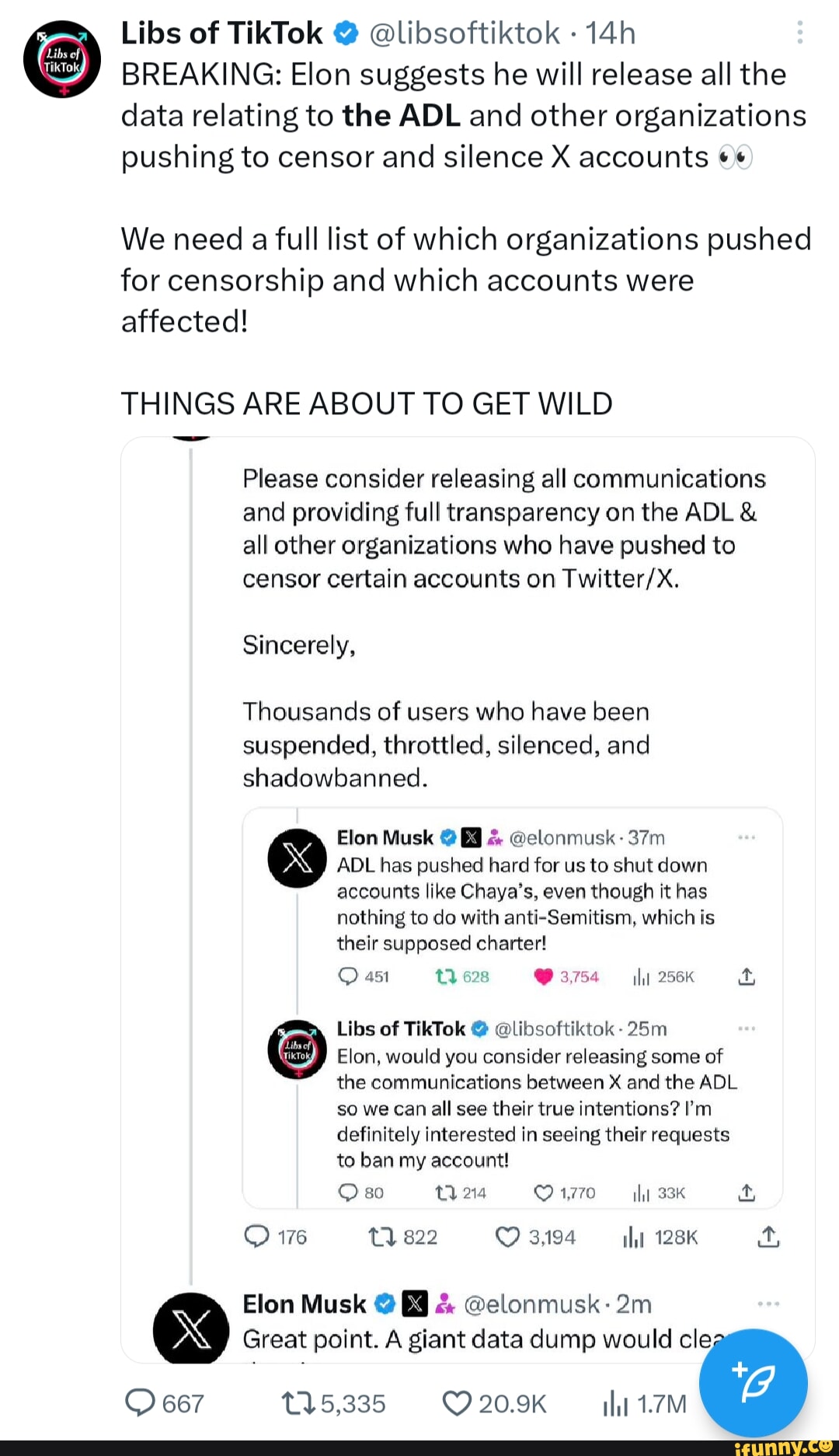 Libs Of Tiktok Libsoftiktok Breaking Elon Suggests He Will Release All The Data Relating To 2526