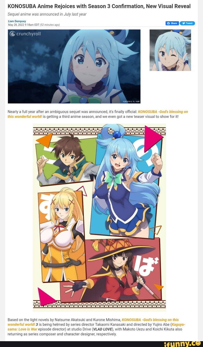 KONOSUBA Anime Rejoices with Season 3 Confirmation, New Visual Reveal  Sequel anime was announced in July