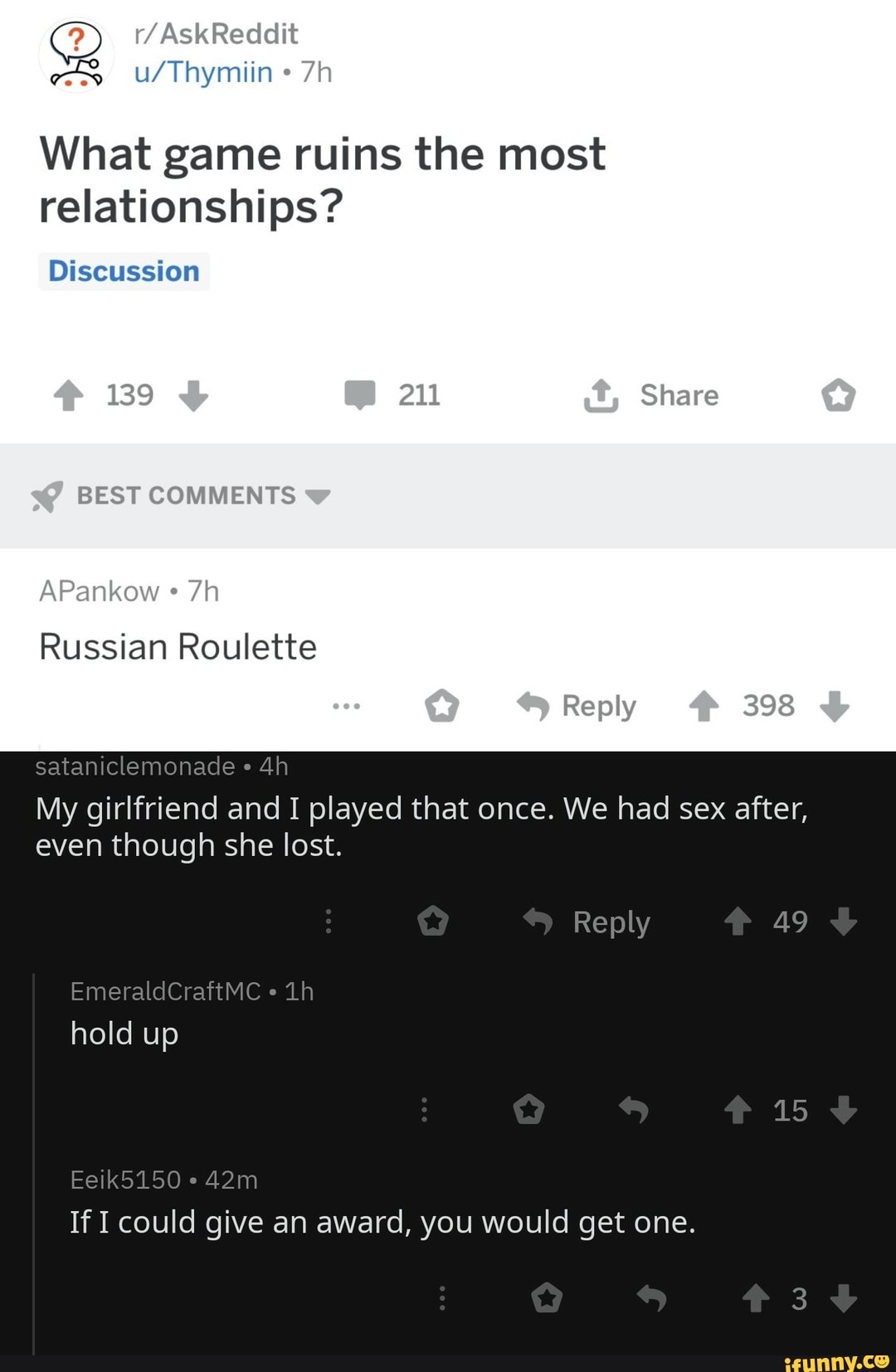 What game ruins the most relationships? Discussion Russian Roulette My  girlfriend and I played that once.